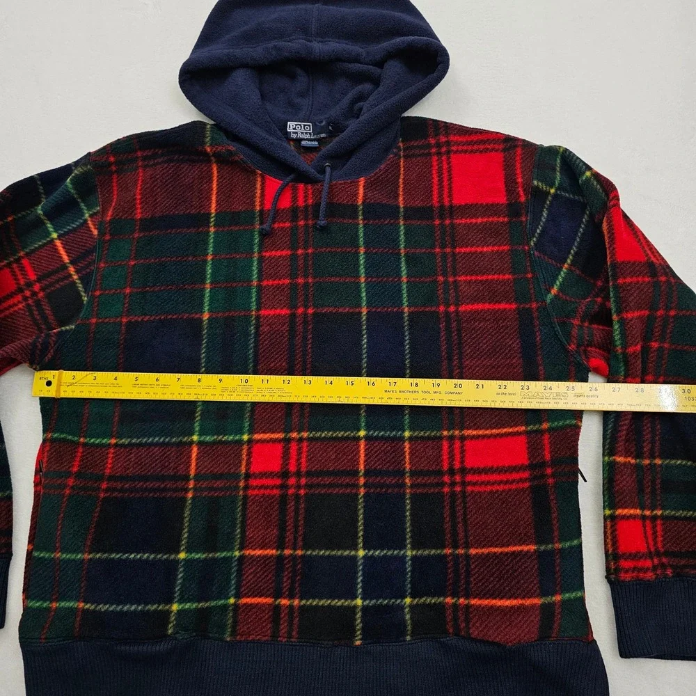 Polo Ralph Lauren Fleece Hoodie Mens XL‎ Red Navy Plaid Side Zip Vintage 90s USA